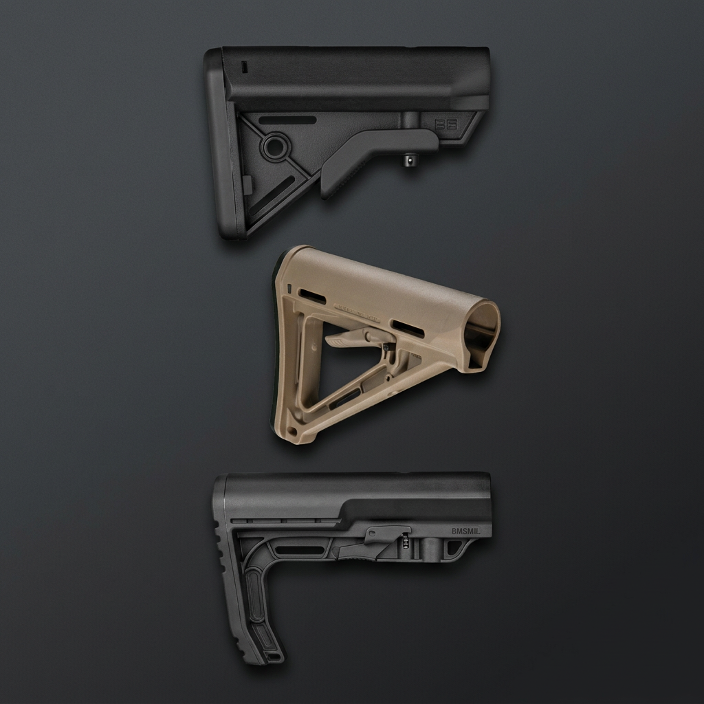 Mixed-brand buttstocks arranged on a charcoal background