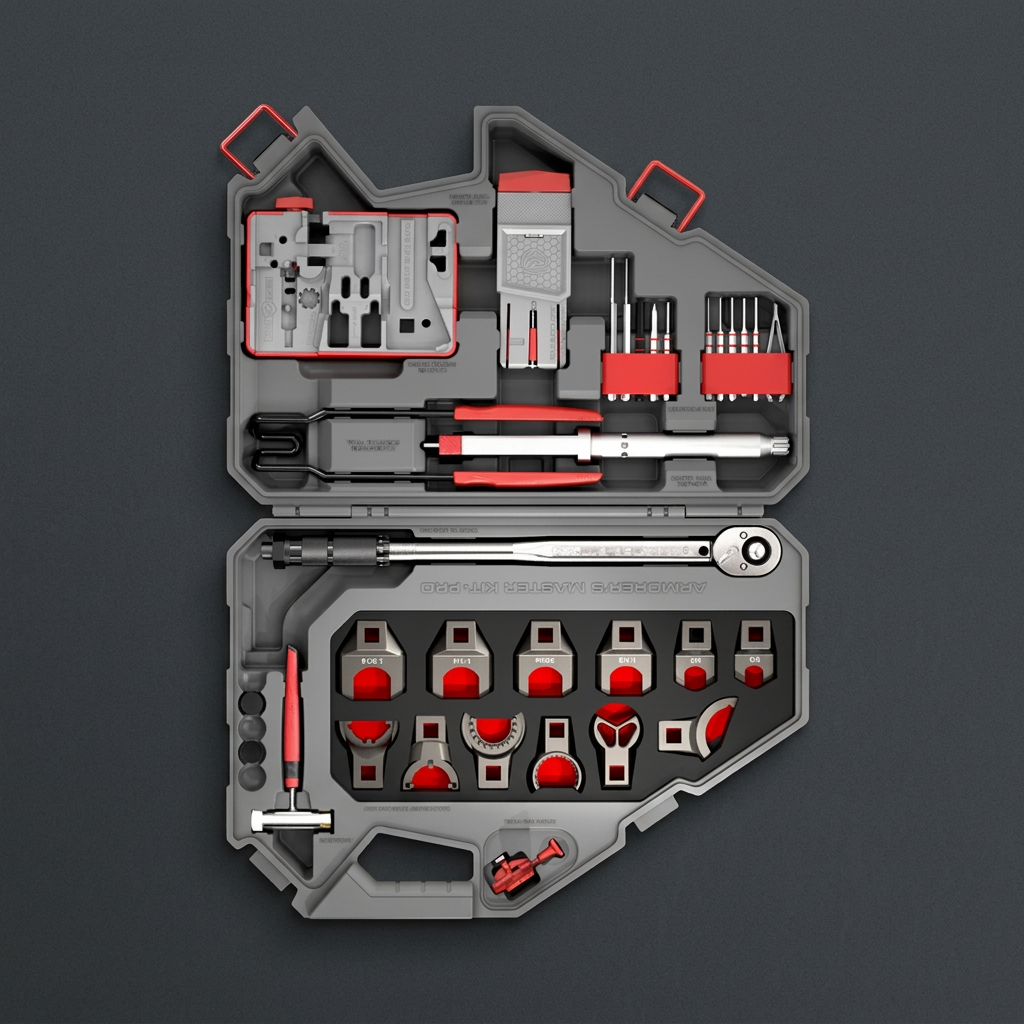 Open gray gunsmith tool kit with red accents on a charcoal background