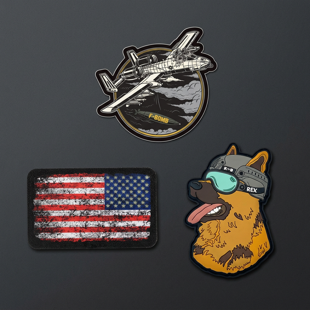 Reverse US flag patch, Warthog aircraft sticker, and Rex German Shepherd patch on a charcoal background
