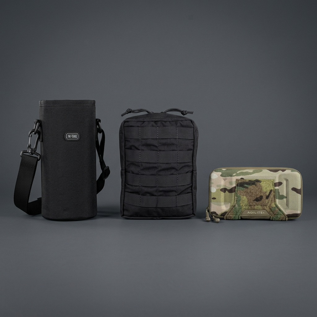 Black bottle and utility pouches with a camouflage phone pouch on a charcoal background