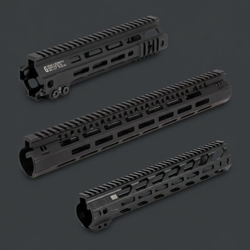 Mixed-brand handguards arranged on a charcoal background