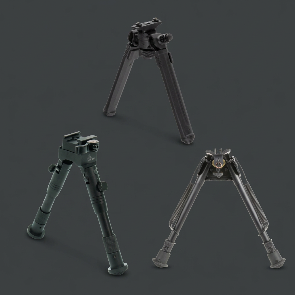 Magpul, Harris, and UTG bipods on a charcoal background