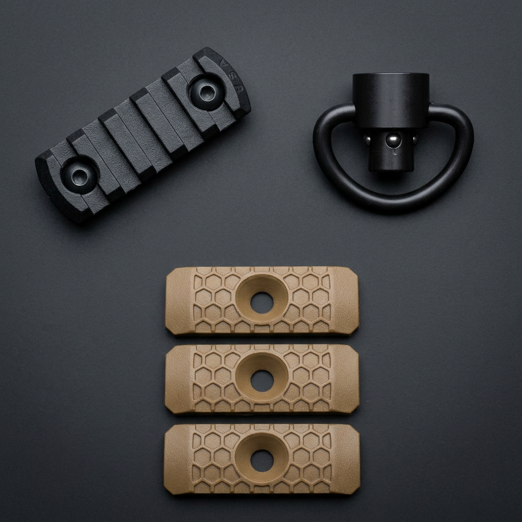 Rail section, sling swivel, and tan rail panels on a charcoal background