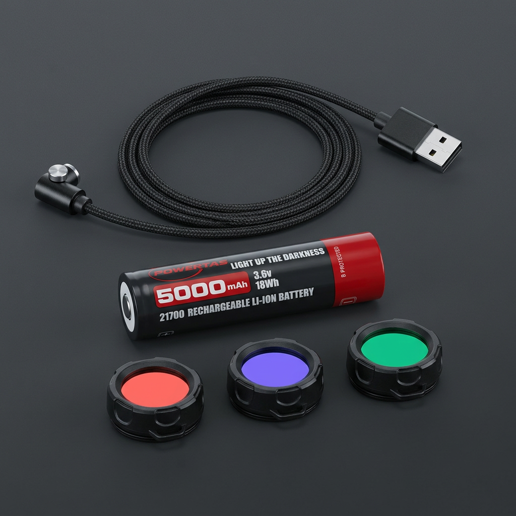 Magnetic USB charging cable, rechargeable battery, and colored flashlight filter covers on a charcoal background
