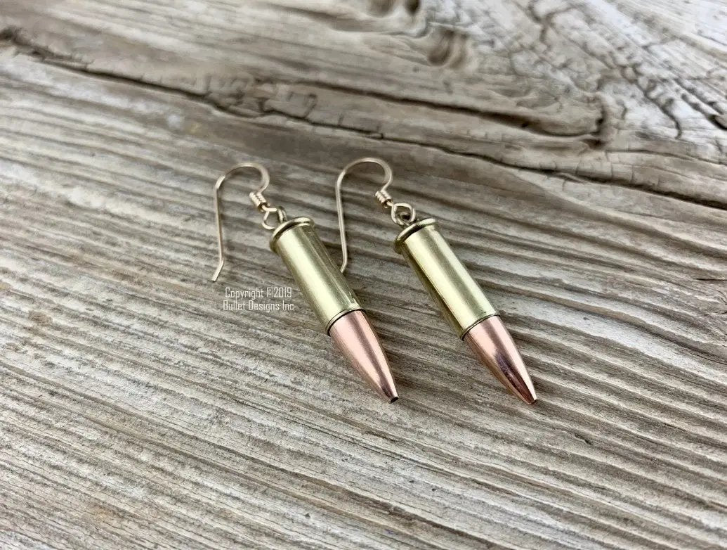 22 Caliber Bullet Dangle Earrings in Brass, Dangle Bullet Earrings, Gold plated Stainless Steel Earwires