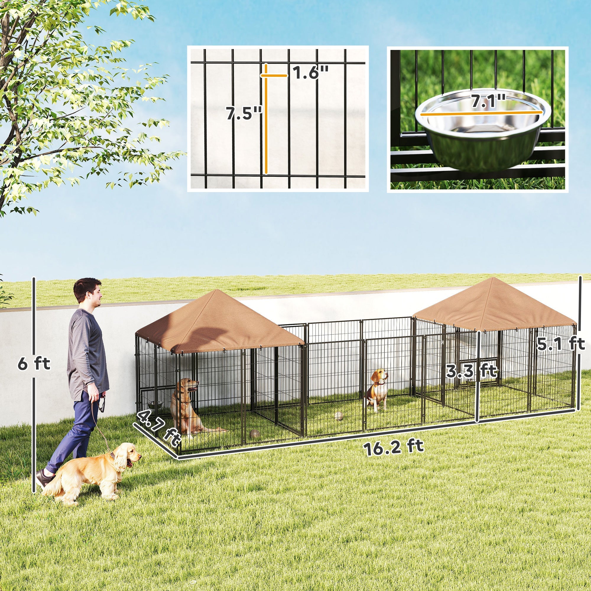 Large Outdoor Dog Kennel with 2 Rooms and Adjustable Height Bowls, Waterproof & UV-Resistant Canopy