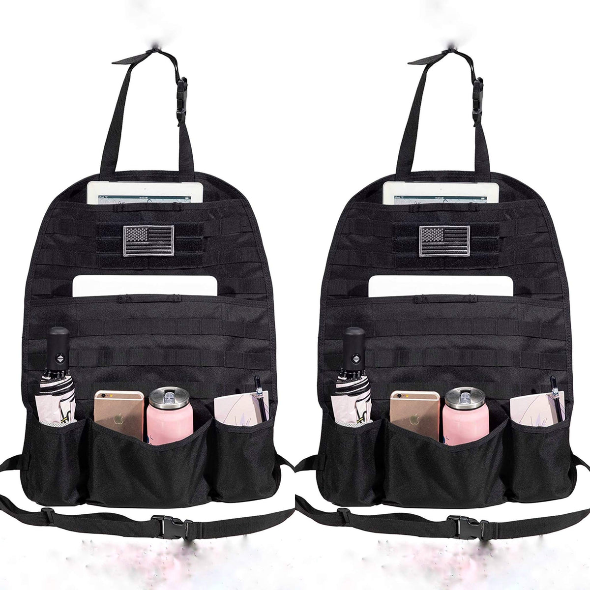 (PAIR) Car Seat Back Gear Organizer with FREE US Flag Patch included