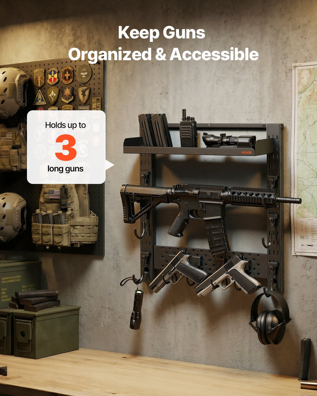 Gun Rack Wall Mount, Heavy Duty Steel, Indoor Rifle Shotgun Rack with J-Hooks, Additional Tray Storage, Gun Accessories Display Storage Holder, Hold Up to 3 Rifles or Shotguns, for Tactical Gear