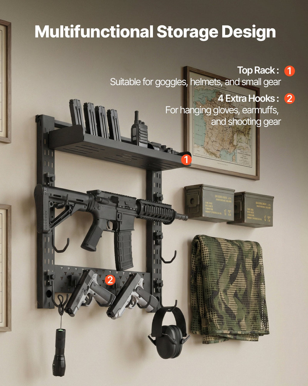 Gun Rack Wall Mount, Heavy Duty Steel, Indoor Rifle Shotgun Rack with J-Hooks, Additional Tray Storage, Gun Accessories Display Storage Holder, Hold Up to 3 Rifles or Shotguns, for Tactical Gear