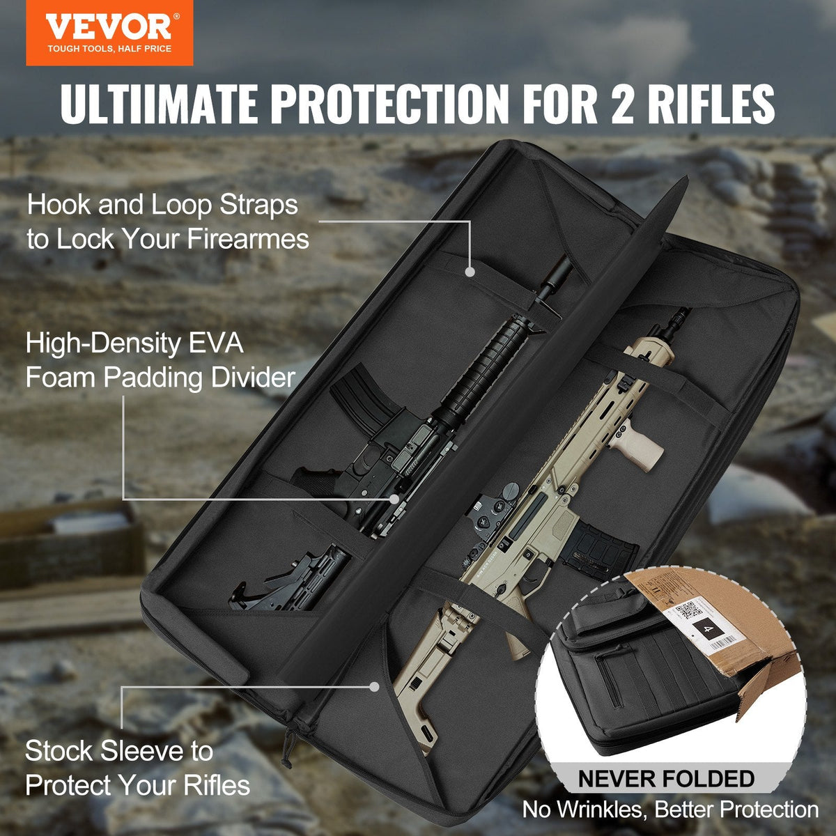 Rifle Bag, 42 inch Tactical Double Long Gun Bag, Soft Rifle Case with Lockable Zipper, Portable Handle & Shoulder Strap, 3 Large Storage Pockets Rifle Case for Two 40" Rifles & 2 Pistols