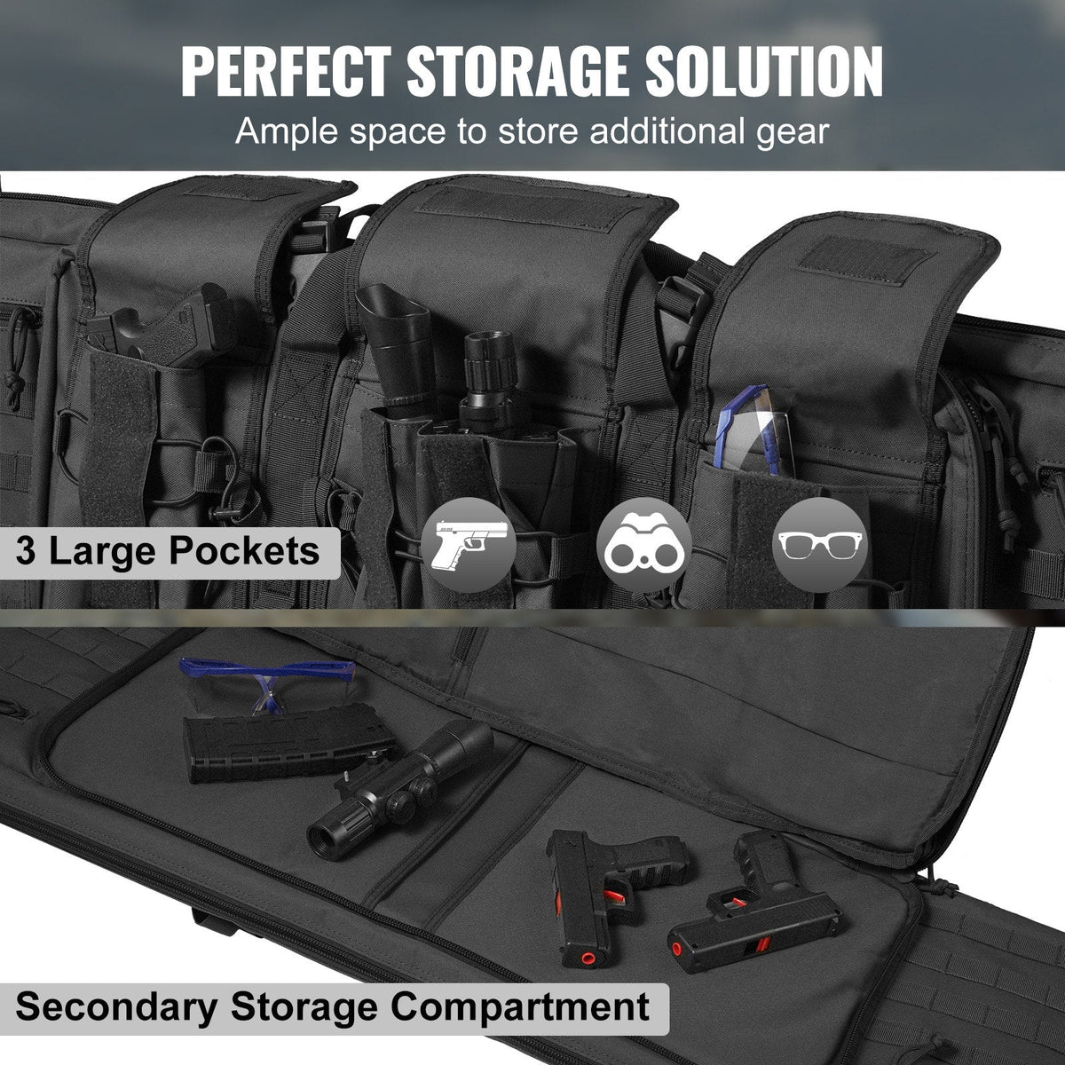 Rifle Bag, 42 inch Tactical Double Long Gun Bag, Soft Rifle Case with Lockable Zipper, Portable Handle & Shoulder Strap, 3 Large Storage Pockets Rifle Case for Two 40" Rifles & 2 Pistols