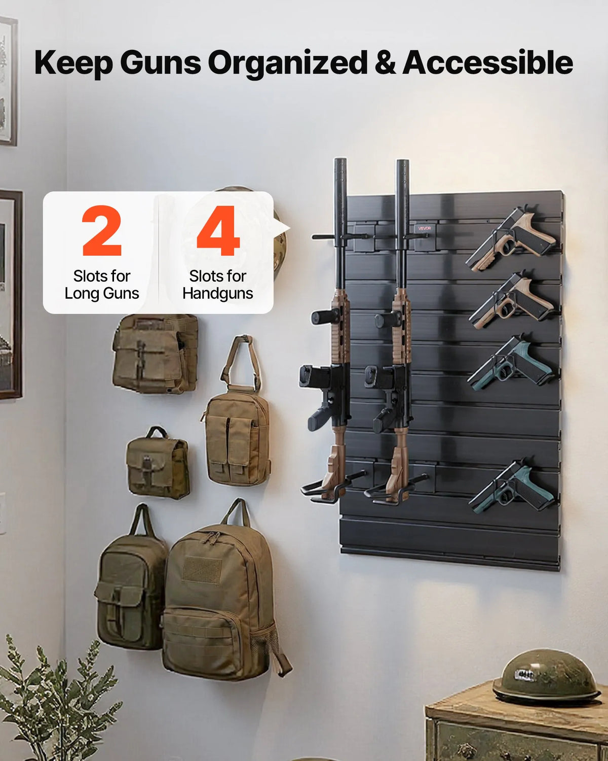 Wall Mount, Tactical Rifle Shotgun Handgun Storage, Heavy-Duty PVC Panels & Steel Wall Racks, Securely Holds up to 2 Rifles & 4 Pistols, Modular Firearms Gun Gear Accessories Organizer