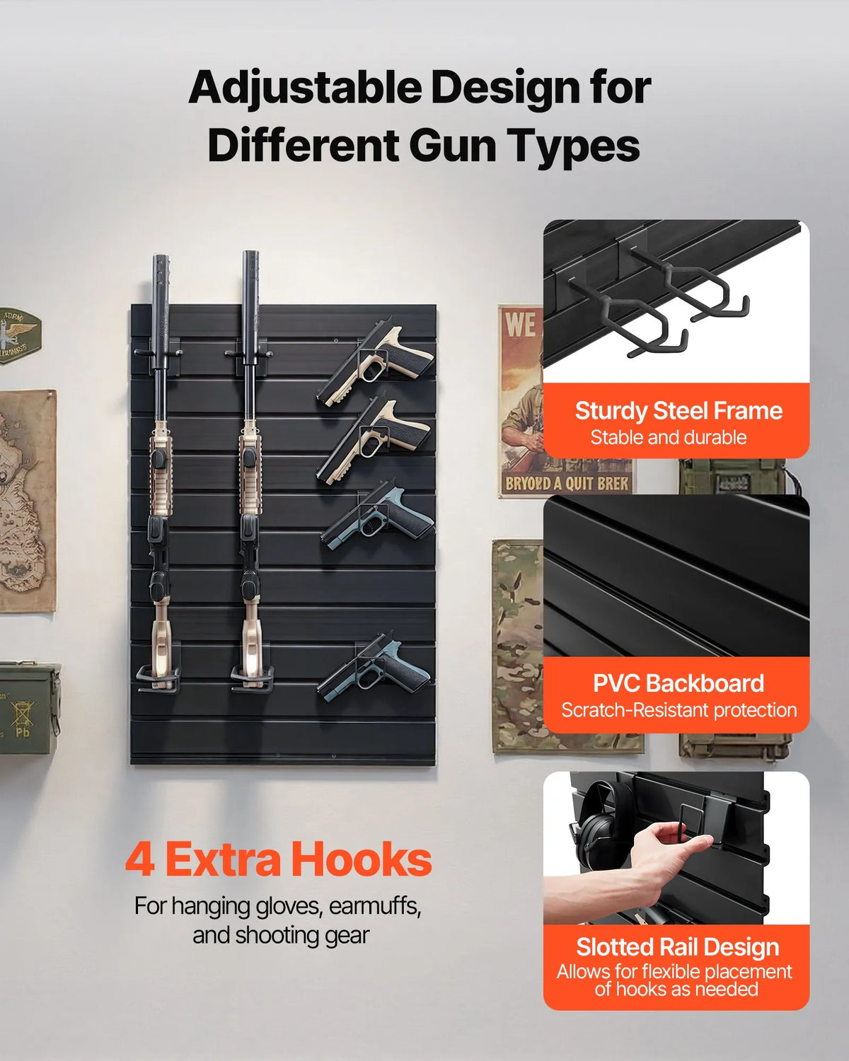 Wall Mount, Tactical Rifle Shotgun Handgun Storage, Heavy-Duty PVC Panels & Steel Wall Racks, Securely Holds up to 2 Rifles & 4 Pistols, Modular Firearms Gun Gear Accessories Organizer