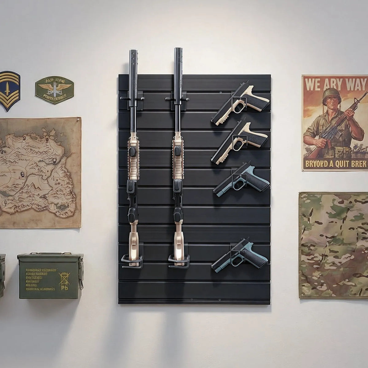 Wall Mount, Tactical Rifle Shotgun Handgun Storage, Heavy-Duty PVC Panels & Steel Wall Racks, Securely Holds up to 2 Rifles & 4 Pistols, Modular Firearms Gun Gear Accessories Organizer
