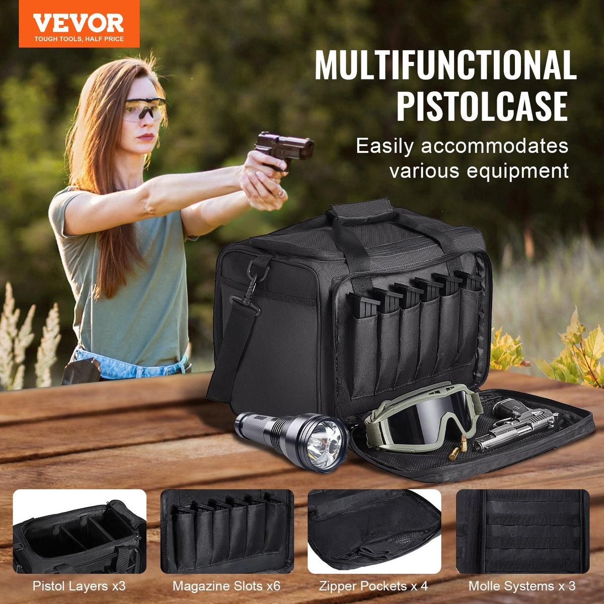 Range Bag for 3 Pistols, Tactical Gun Range Bag with 2 Detachable Baffles & 6 Magazines, Firearm Shooting Handgun Bag for Outdoor Hunting Pistol Bag with Single Shoulder Strip