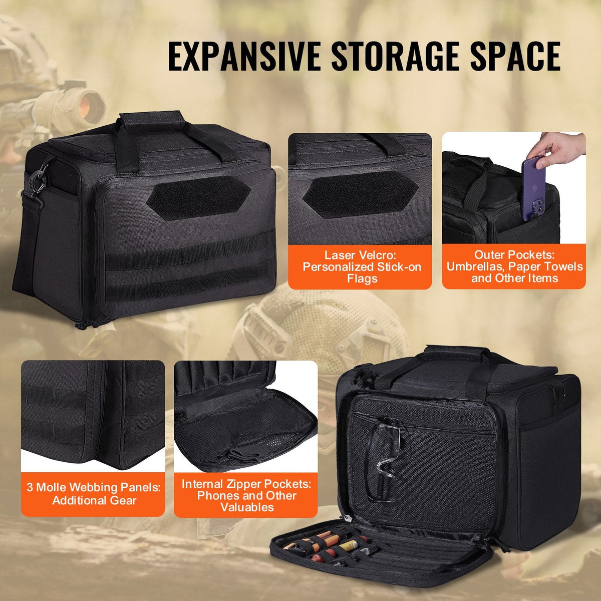 Range Bag for 3 Pistols, Tactical Gun Range Bag with 2 Detachable Baffles & 6 Magazines, Firearm Shooting Handgun Bag for Outdoor Hunting Pistol Bag with Single Shoulder Strip