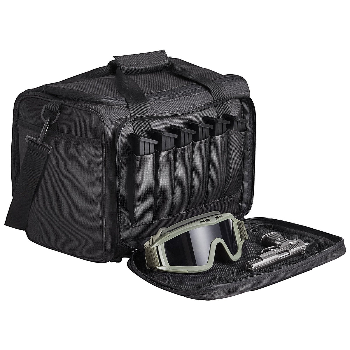 Range Bag for 3 Pistols, Tactical Gun Range Bag with 2 Detachable Baffles & 6 Magazines, Firearm Shooting Handgun Bag for Outdoor Hunting Pistol Bag with Single Shoulder Strip