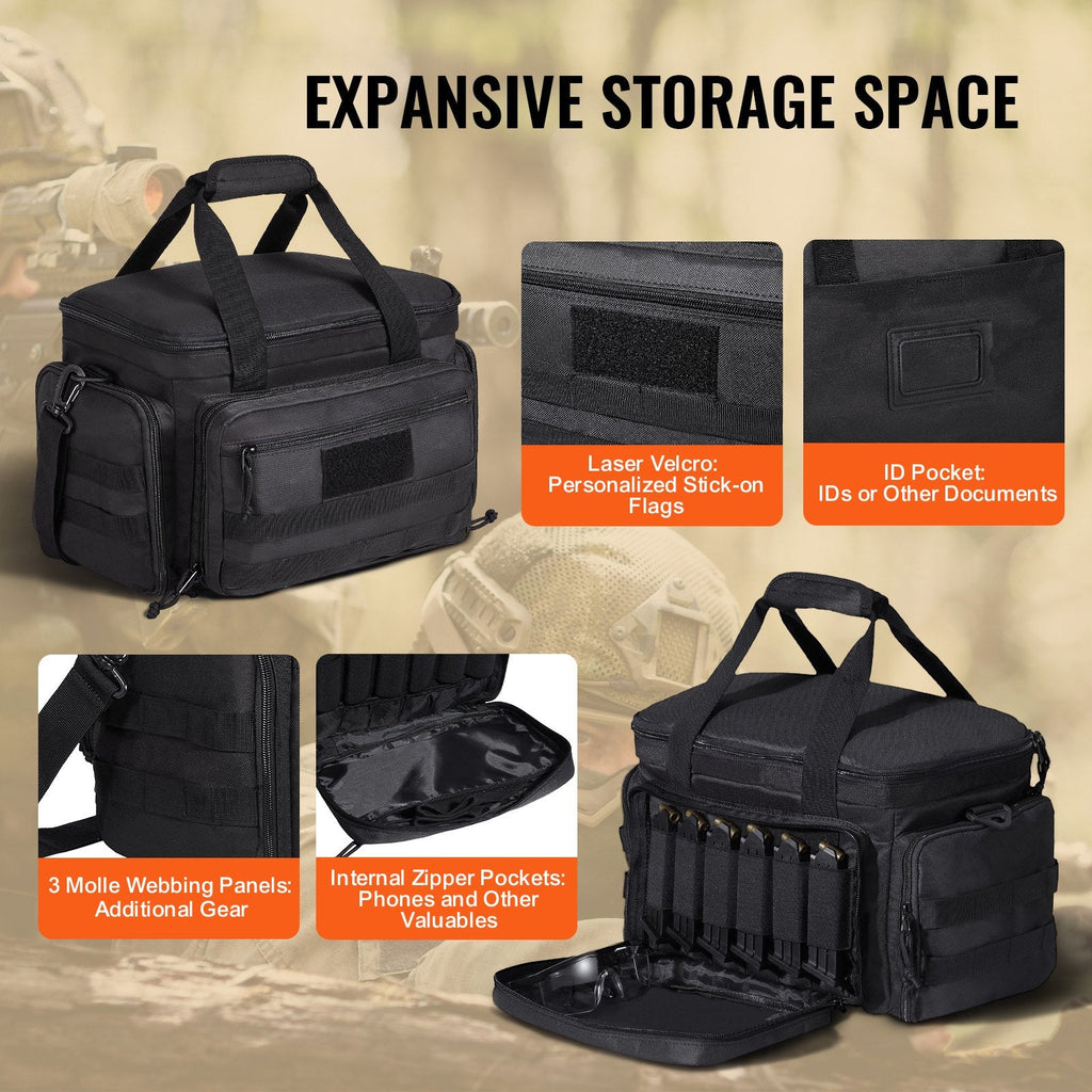 Range Bag for 4 Pistols, Tactical Gun Range Bag with 3 Detachable Baffles & 6 Magazines, Firearm Shooting Handgun Bag for Outdoor Hunting Shooting Pistol Bag with Single Shoulder Strip