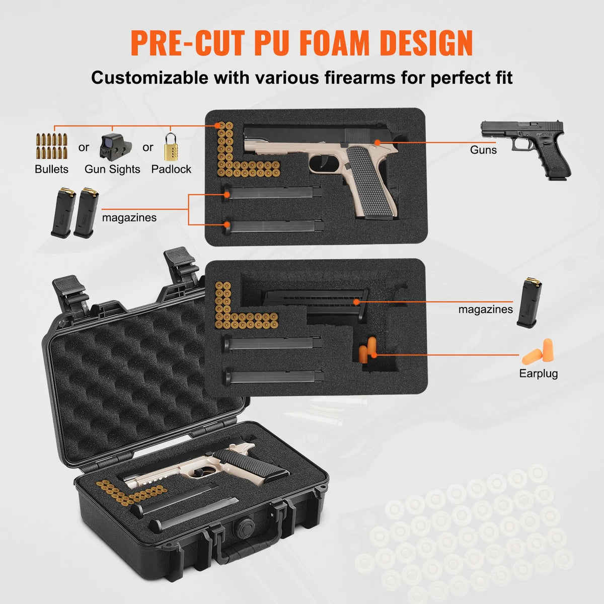 Hard Pistol Cases with Pre-cut PU Foam, Waterproof & Dustproof Hard Gun Case for 1 Pistol, 12.59×9.01×4.4 in Lockable Pistol Case, Black