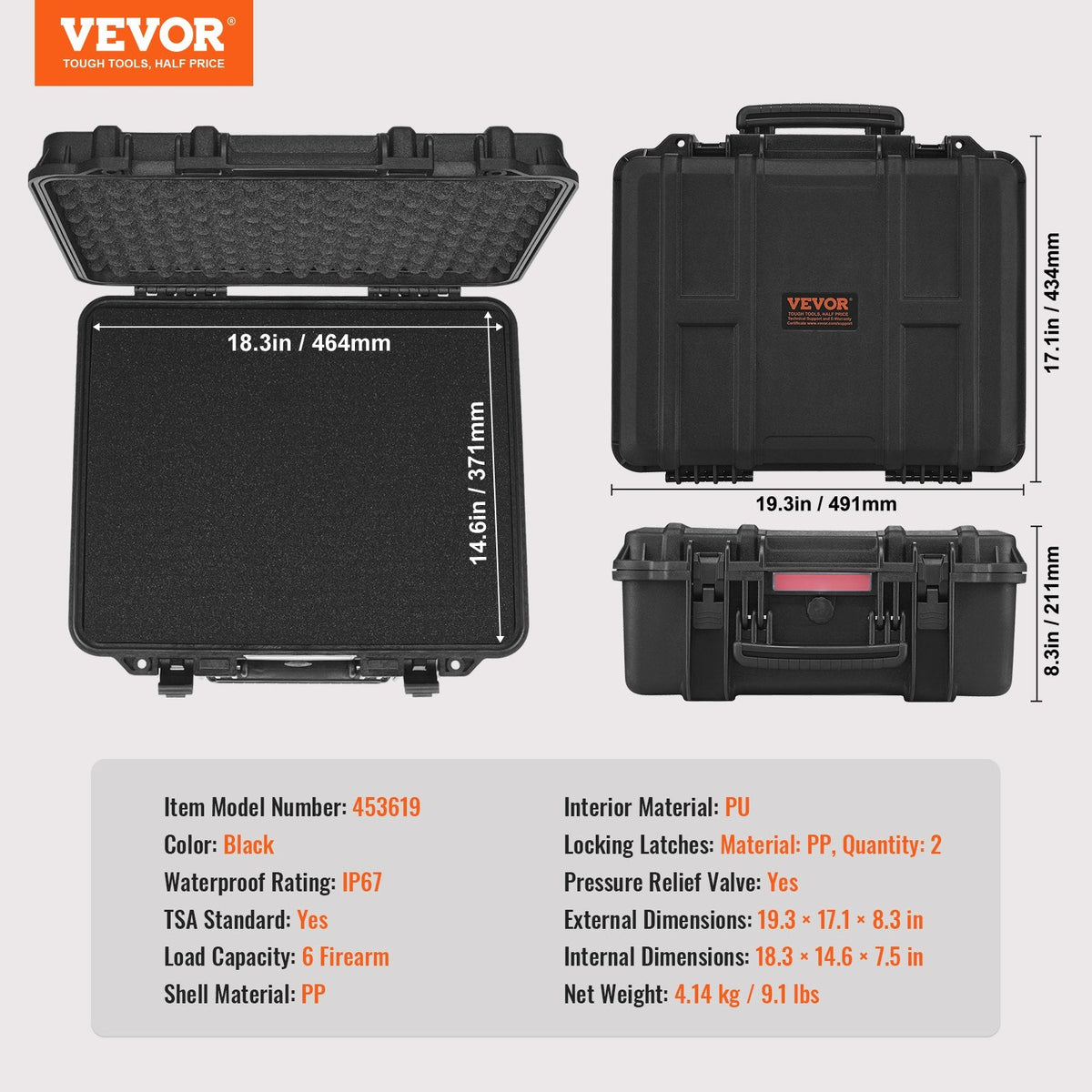 Hard Pistol Cases with Pre-cut PU Foam, Waterproof & Dustproof Hard Gun Case for 6 Pistol, 19.3×17.1×8.3 in Lockable Pistol Case, Black